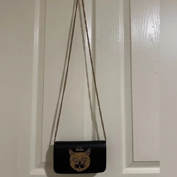GUCCI Dollar Calfskin Garden Mystic Cat Chain Wallet in Black authentic new box - Picture 4 of 12